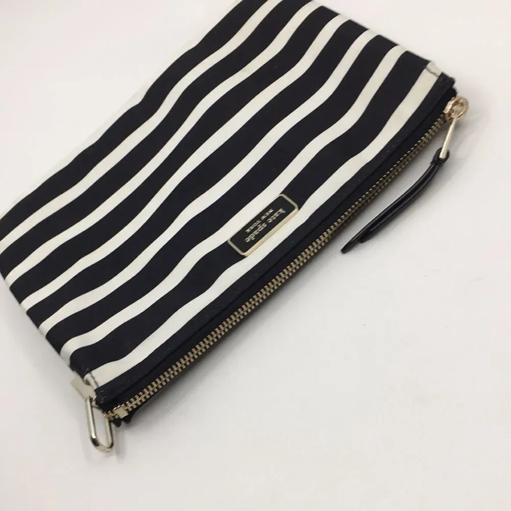 Kate Spade New York Black White Library Stripe Triple Gusset Clutch Makeup Pouch
